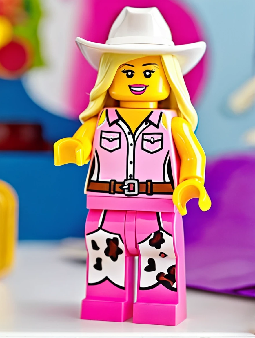<lora:Lego_XL_v2.1:0.8>
LEGO MiniFig.
A woman with platinum blonde hair exudes Barbie doll charm in a pink cowgirl outfit with a matching hat, her joyful stance enhancing the doll-like atmosphere around her