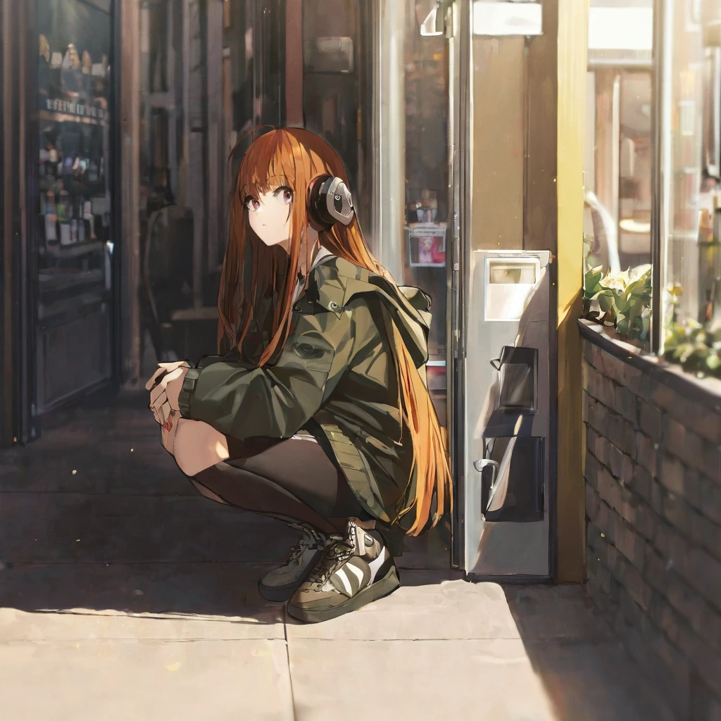 1girl, sakura futaba, squatting outside a cafe, portrait, (masterpiece), cinematic, beautiful light, best quality, newest, safe, absurdres <lora:futaba_xl_rev2:1>