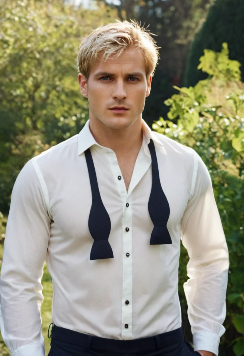 untiboti, slim white man, short messy blonde hair, medium long shot, in a sunny garden, looking at viewer, unbuttoned shirt, split loose black tie,