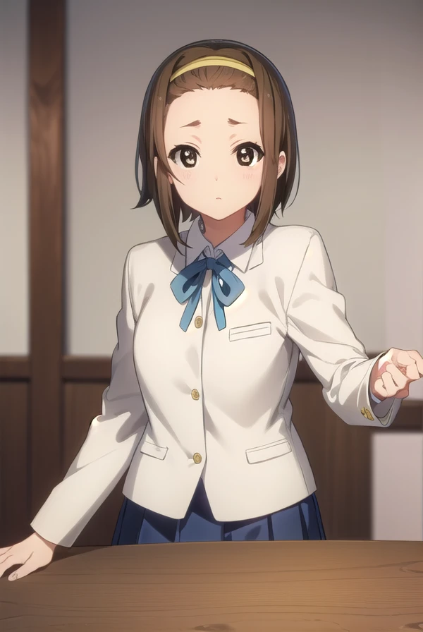 ritsutainaka, <lora:ritsu tainaka s2-lora-nochekaiser:1>,
ritsu tainaka, short hair, brown hair, (brown eyes:1.5), hairband, (forehead:1.2),
BREAK sakuragaoka high school uniform, school uniform, uniform, blazer, shirt, white shirt, collared shirt, skirt, pleated skirt,
BREAK indoors, classroom,
BREAK looking at viewer, (cowboy shot:1.5),
BREAK <lyco:GoodHands-beta2:1>, (masterpiece:1.2), best quality, high resolution, unity 8k wallpaper, (illustration:0.8), (beautiful detailed eyes:1.6), extremely detailed face, perfect lighting, extremely detailed CG, (perfect hands, perfect anatomy),