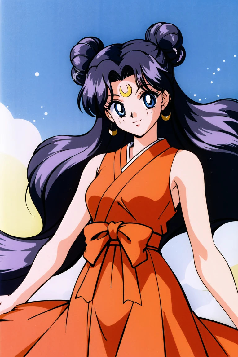 masterpiece,best quality,highres,<lora:Luna1:0.6>,Luna1,1girl,1990s \(style\),long hair,solo,crescent facial mark,facial mark,hair bun,black hair,crescent,blue eyes,double bun,very long hair,forehead mark,cowboy shot,looking at viewer,smile,park,japanese clothes,