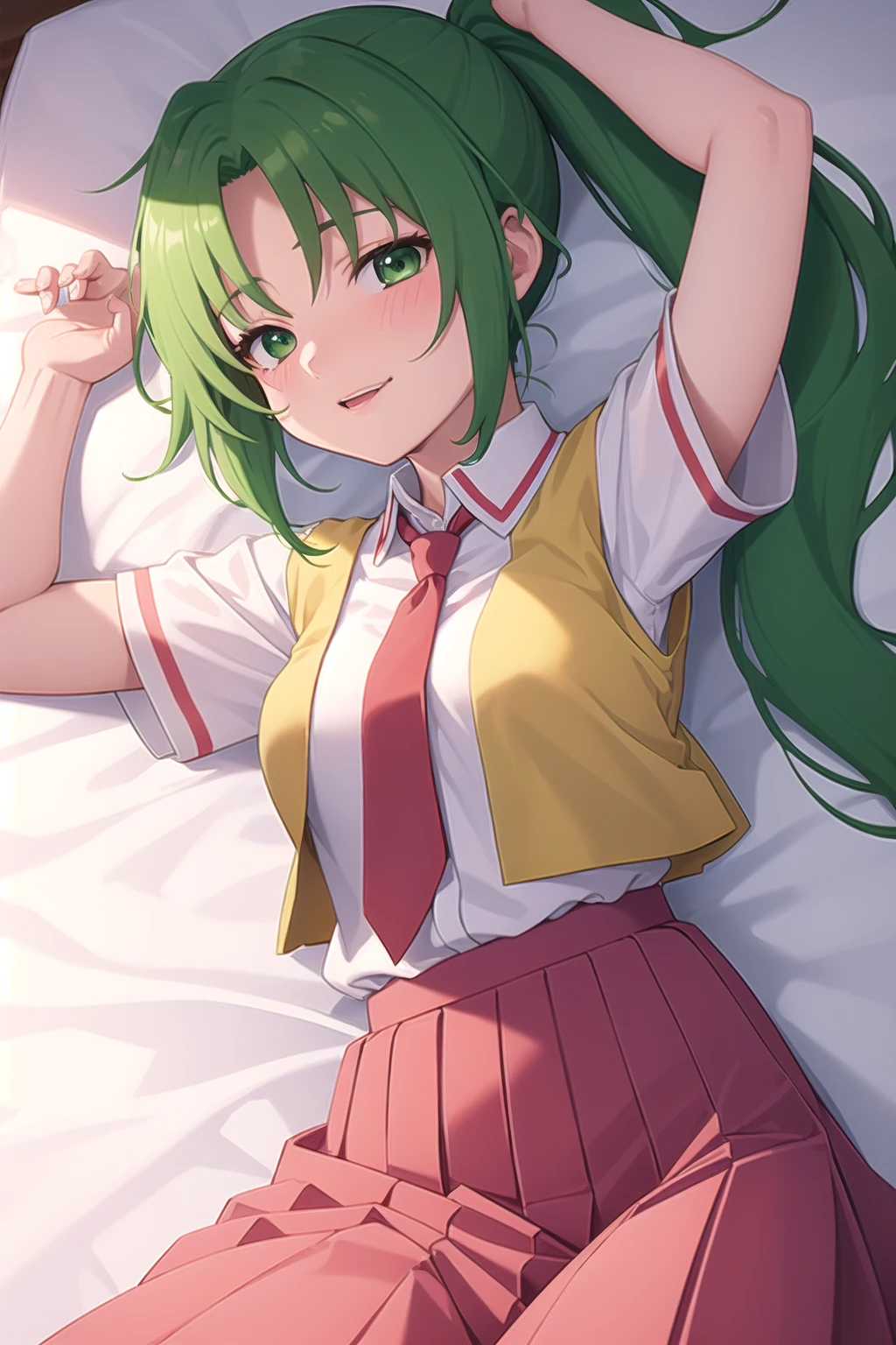 masterpiece, best quality, 1girl, Mion Sonozaki, green eyes, ponytail, white shirt, red necktie, yellow vest, red skirt, lying on back