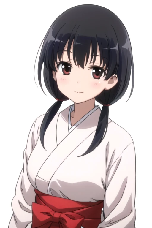 solo, 1girl, looking at viewer, 2D, anime, anime coloring, upper body, (solid white background:1.3), <lora:komaki-saki:0.7>, komaki jindai, japanese clothes, looking at viewer, smile