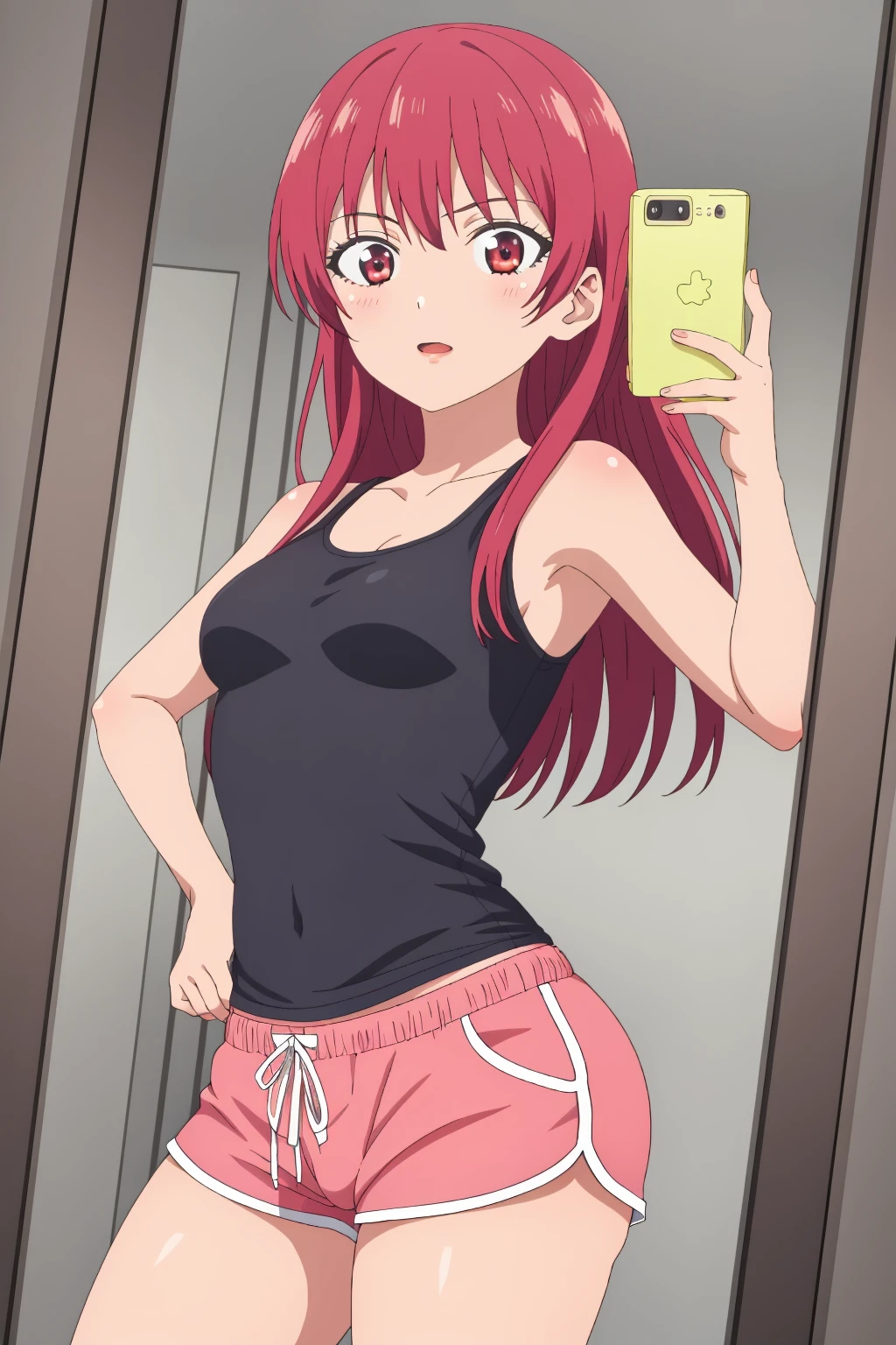 ((best quality)),((highly detailed)),masterpiece,absurdres,detailed face,beautiful face,(detailed eyes, deep eyes),1girl,((dynamic pose)) , <lora:Saki1.4:0.7> , saki, bangs, red eyes, red hair, straight hair, looking at viewer,tank top, small breasts, dolphin shorts, <lora:dolphin_shorts_v0.1:0.6>, <lora:MirrorSelfieLora:0.8>, anime, mirror selfie, holding phone, cowboy shot