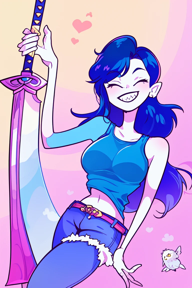 the cute swords woman and her giant sword, color theory, illustration, short bluejeans, tanktop, smile
<lora:cutethingsB001-000008:1>