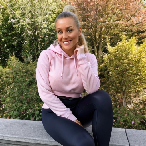 <lora:Kate_Trajkovska:0.6>, blonde hair, pink lips, perfect nose, round cheekbones, dimple, smile, black pupils, white crewneck sweater, detailed eyelashes, beautiful, masterpiece, medium breast, extremely detailed woman, outdoors, purple sports leggings, eyes, standing, ponytail, sitting, pink hoodie sweater, tanned skin, mature woman