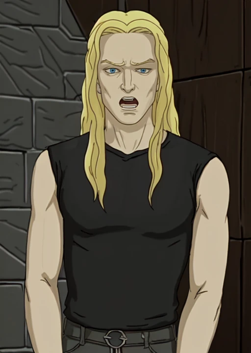dethklok, skwisgaar, blonde hair, black sleeveles shirt, skinny, surprised look, (profiles:0.4) <lora:Dethklok_Metalocalypse-000013:0.8>
