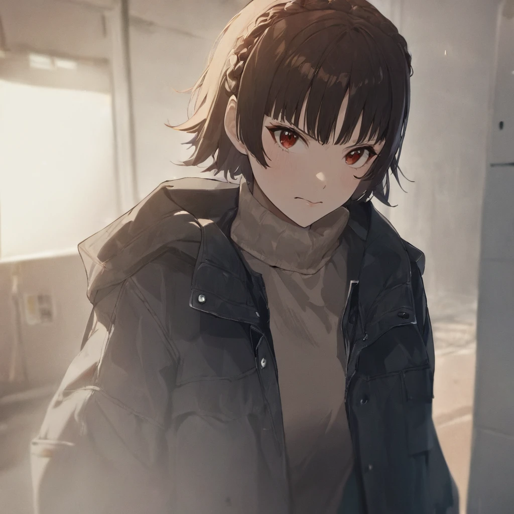 1girl, niijima makoto, looking annoyed, wearing a coat and sweater, (masterpiece), cinematic, beautiful light, best quality, newest, safe, absurdres <lora:makoto_xl_rev2:1>