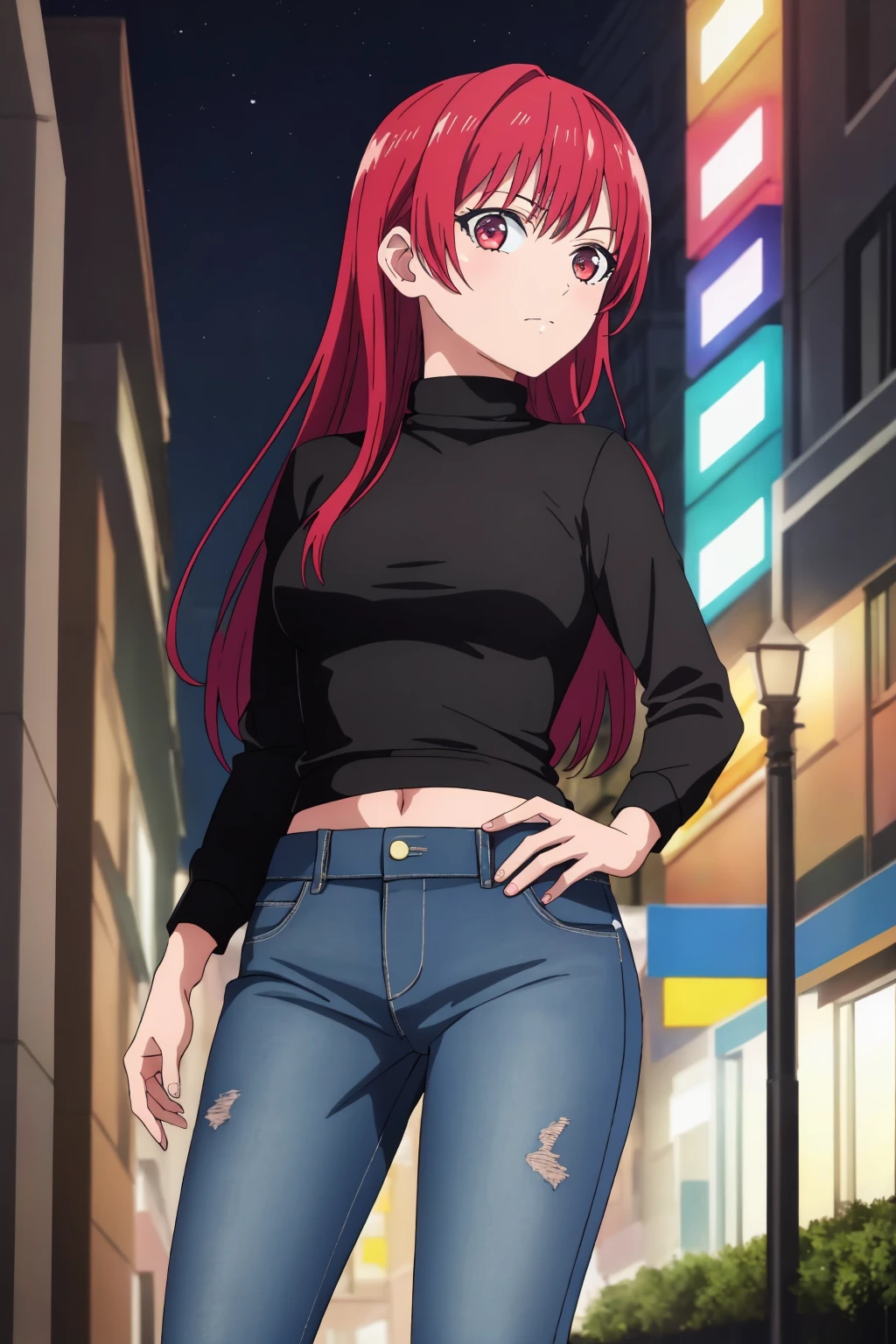 ((best quality)),((highly detailed)),masterpiece,absurdres,detailed face,beautiful face,(detailed eyes, deep eyes),1girl,((dynamic pose)) , <lora:Saki1.4:0.7> , saki, bangs, red eyes, red hair, straight hair, solo, walking, at night, (eyes looking away from the viewer:1.3, looking away from viewer:1.3), black turtleneck,ripped jeans, nighttime, city streets, neon signs, crowd behind,