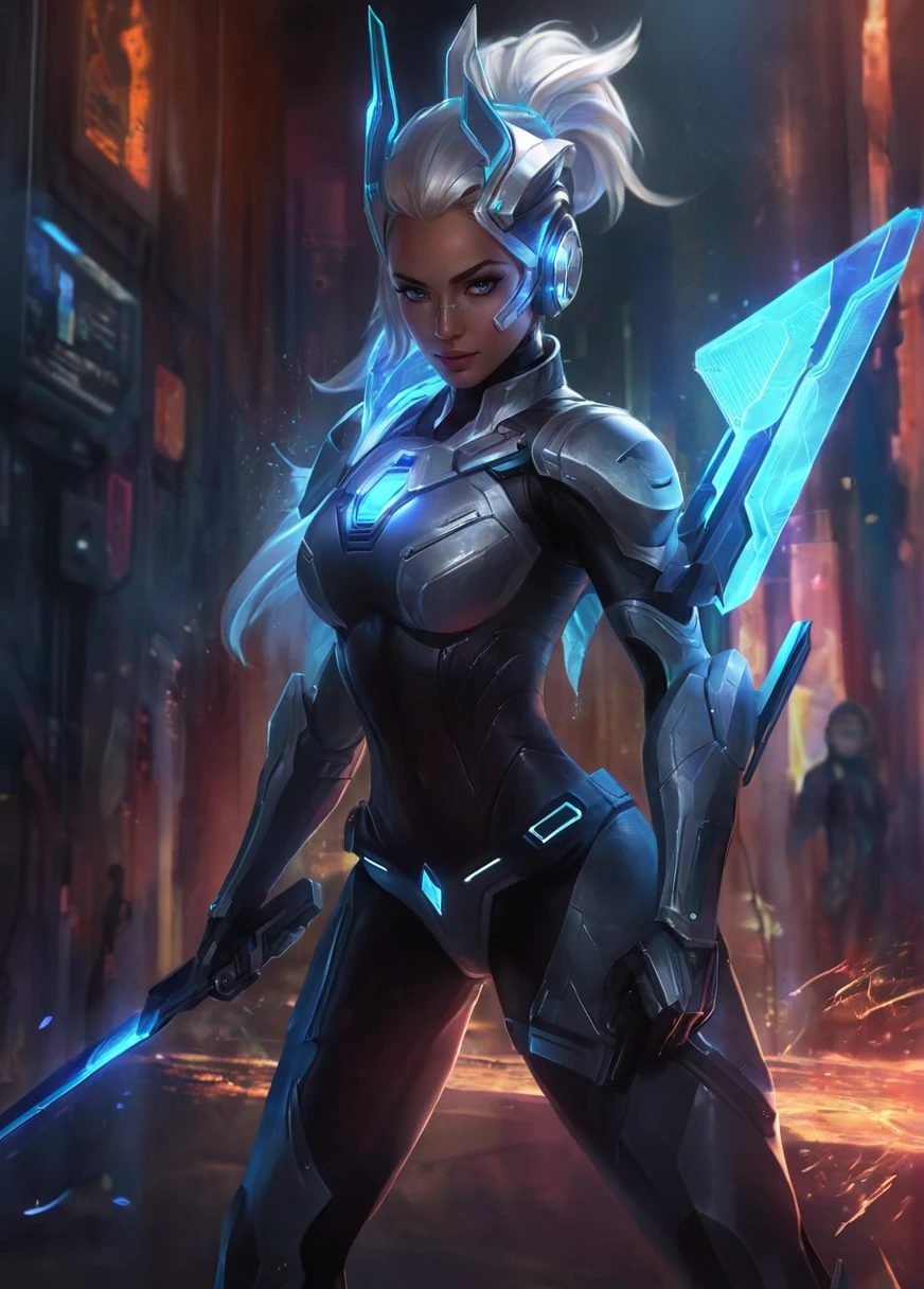 project,female holding a polearm,futuristic,scifi,cinematic,((glowing features)),hologram features,sexy,skimoy,hyperdetailed photography,50nm dof,bokeh,realistic,sharp focus,ultra detailed,8k uhd,masterpiece,awardwinning,trending on artstation and deviant art, ambient,volumetric,wallpaper,official art, <lora:projectxl-000003:0.85>,blue theme