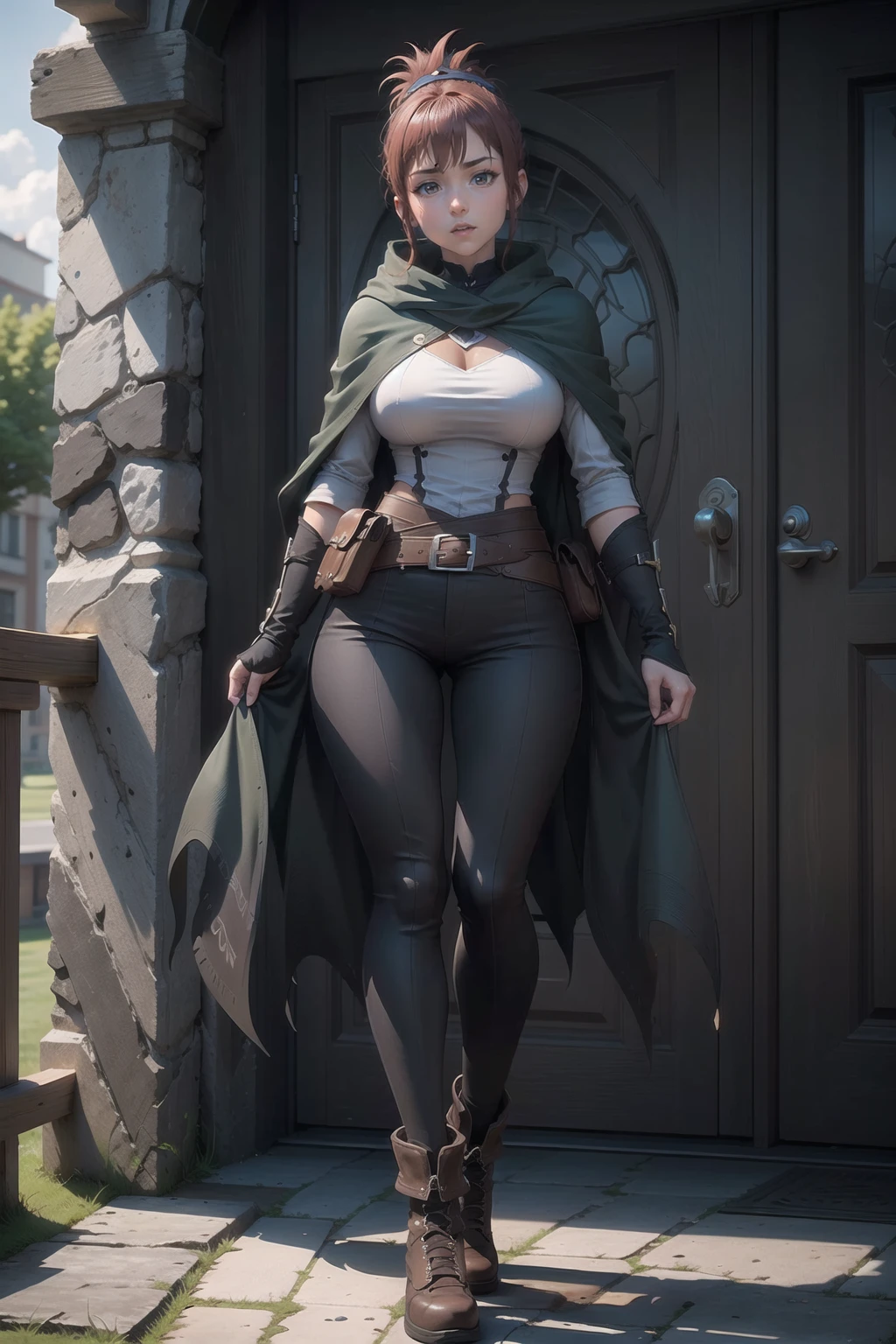 ((Best Quality, 8K, masutepiece :1.3)), front angle, Cowboy shot, Cinematic shot, looking at viewer, Photo realistic, (female assassin, big breasts, cleavage), (wearing mask and hood), bewitching, standing on the roof, moonlight, (Highly detailed skin, Detailed texture), Detailed background, UHD