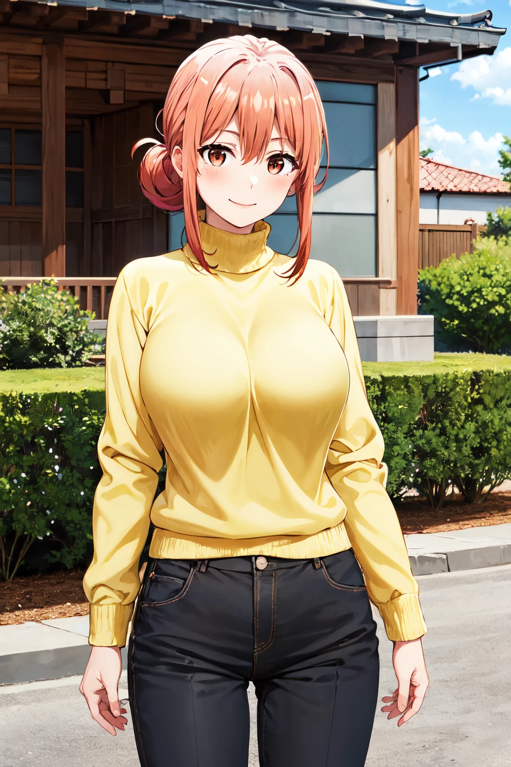 masterpiece, best quality, highres, gahamama, single hair bun, breasts, turtleneck, yellow sweater, long sleeves, black pants, <lora:gahamama_v1:0.7>, standing, cowboy shot, smile, outdoors