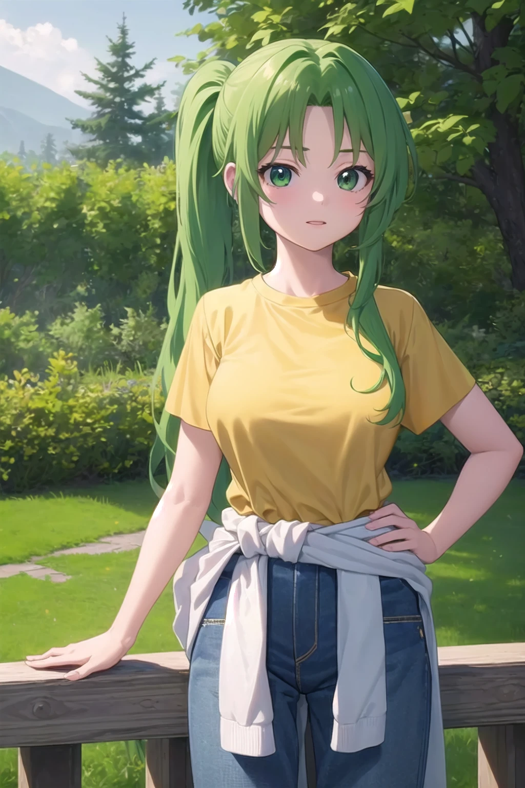 Uma garota de cabelos verdes longos, olhos azuis, fair skin a green shirt a a white suspender that is attached to your pants. 