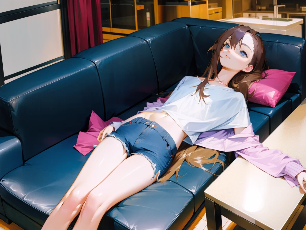 <lora:tamerai-12:1>indoors, lying, on back, couch, flat chest, skinny, shirt, shorts, midriff, long hair, messy hair, masterpiece, best quality