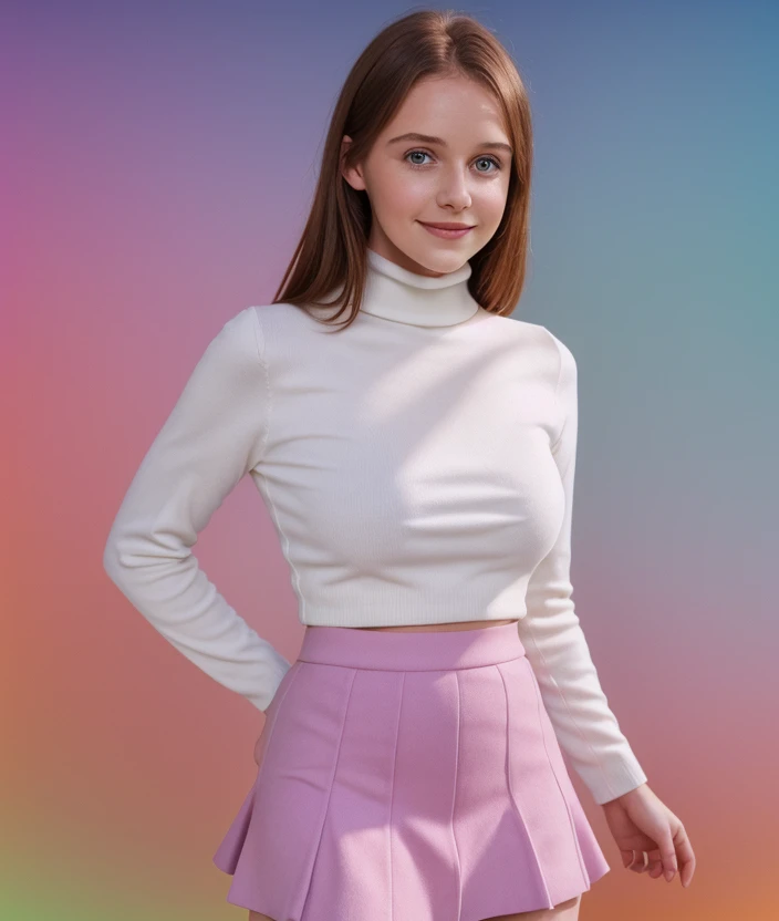 l2n1s0, l2n1s0, lan isobel, ((Colorful background)), close portrait photo, Spectacular light, 8k, soft lighting, high quality, breast, top, Mini-skirt, upper body, Turtleneck, smile