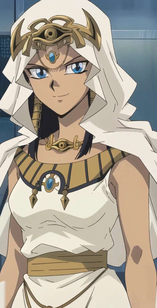 II, 1girl, solo, looking at viewer, smile, eye of horus headpiece, eye of horus necklace, forehead jewel, head scarf, egyptian dress, perfect quality, good quality, masterpiece, HDR, UHD <lora:Ishizu Ishtar-000003:0.8>