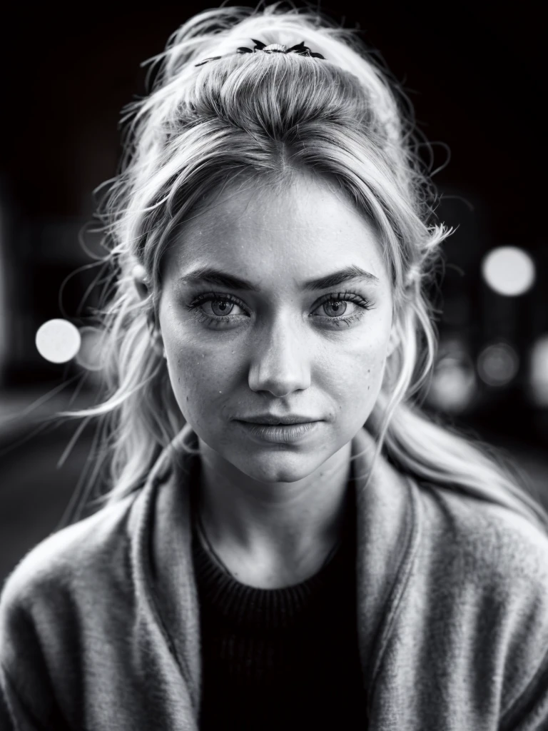 im0gen,blonde hair ponytail,monochrome,close-up,city street background ,wearing sweater,extreme dof,masterpiece,intricated,bokeh,soft lighting,chiaroscuro,close-up,dynamic pose,(extremely detailed:1.2),(detailed skin:1.2),realistic photo,standing,add_detail,8k,uhd