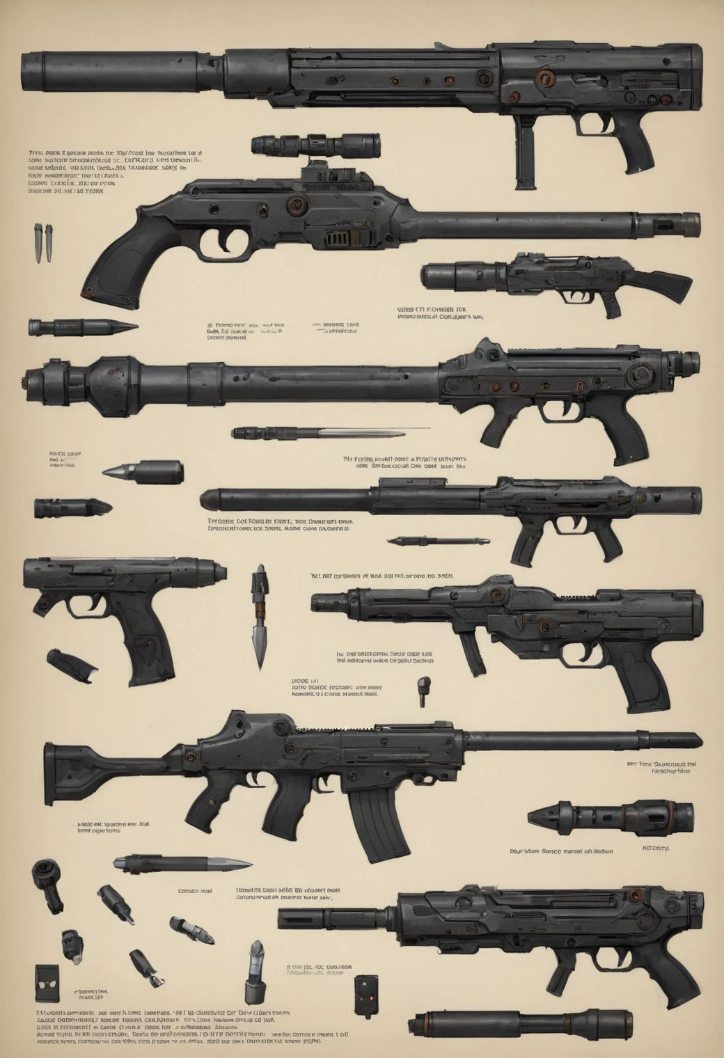 small weapons,  concept arts, technical sheet, exploded view