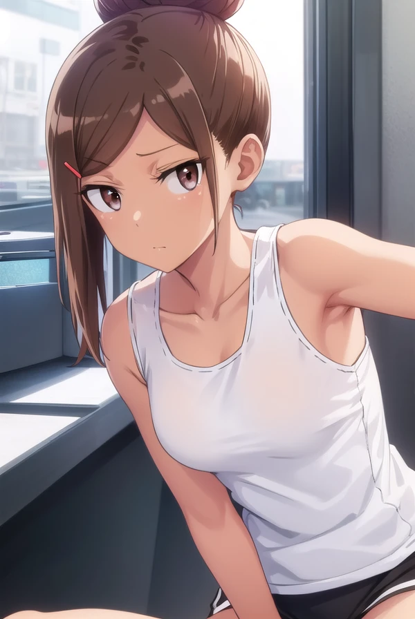 ayakauehara, <lora:ayaka uehara s1-lora-nochekaiser:1>,
ayaka uehara, brown hair, hair ornament, (brown eyes:1.5), hairclip, dark skin, hair bun, dark-skinned female, single hair bun,
BREAK shirt, white shirt, shoes, shorts, sleeveless, black footwear, sleeveless shirt, black shorts, tank top, sneakers,
BREAK indoors, gym,
BREAK looking at viewer,
BREAK <lyco:GoodHands-beta2:1>, (masterpiece:1.2), best quality, high resolution, unity 8k wallpaper, (illustration:0.8), (beautiful detailed eyes:1.6), extremely detailed face, perfect lighting, extremely detailed CG, (perfect hands, perfect anatomy),
