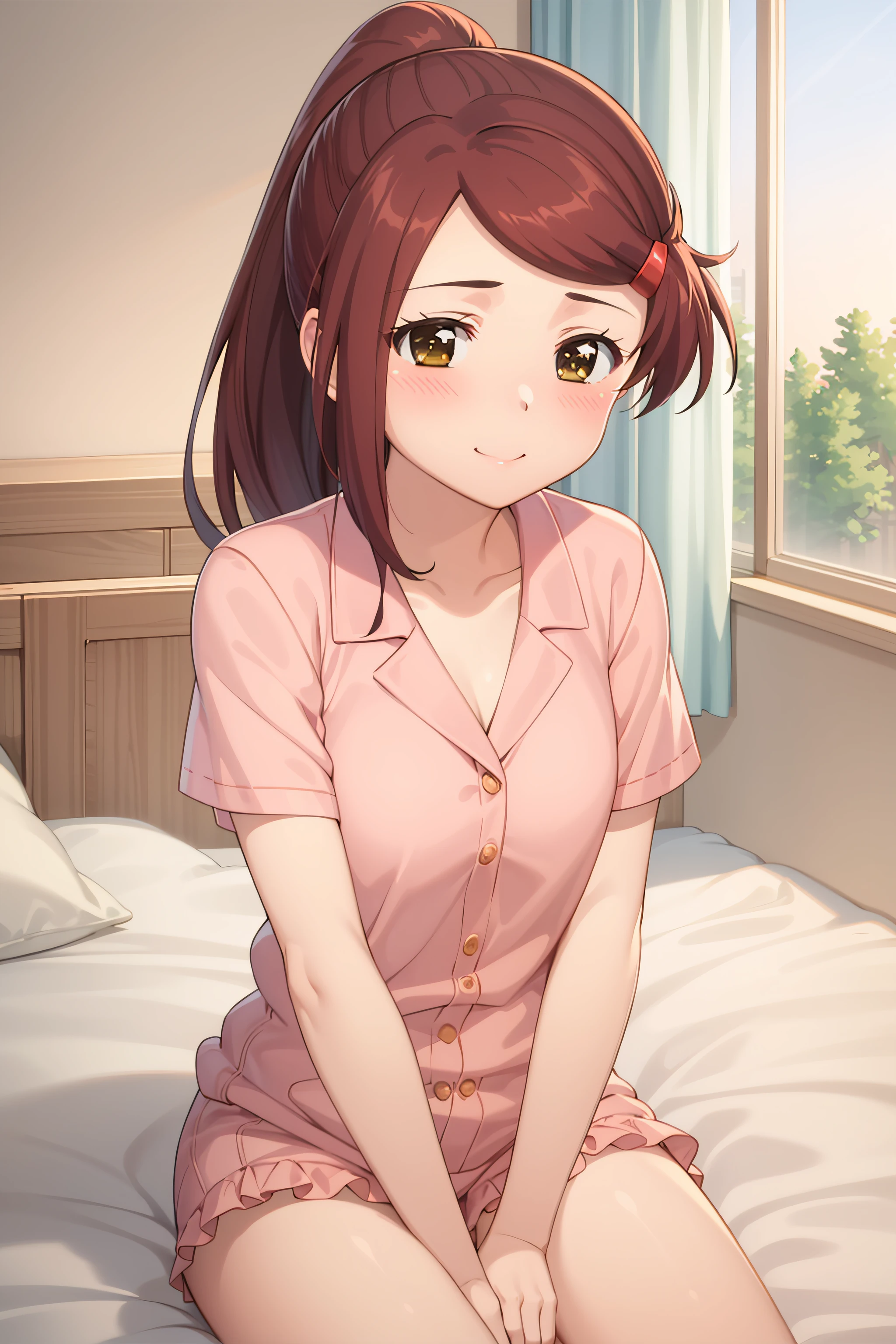 best quality, masterpiece, detailed,
<lora:KissXSis_SuminoeAko:0.8>, Ako,
1girl, closed mouth, light smile, blush,
brown hair, brown eyes, long hair, ponytail, hairclip,
AkoPajama, pink pajamas,
sitting, looking at viewer,
indoors, bed, night
