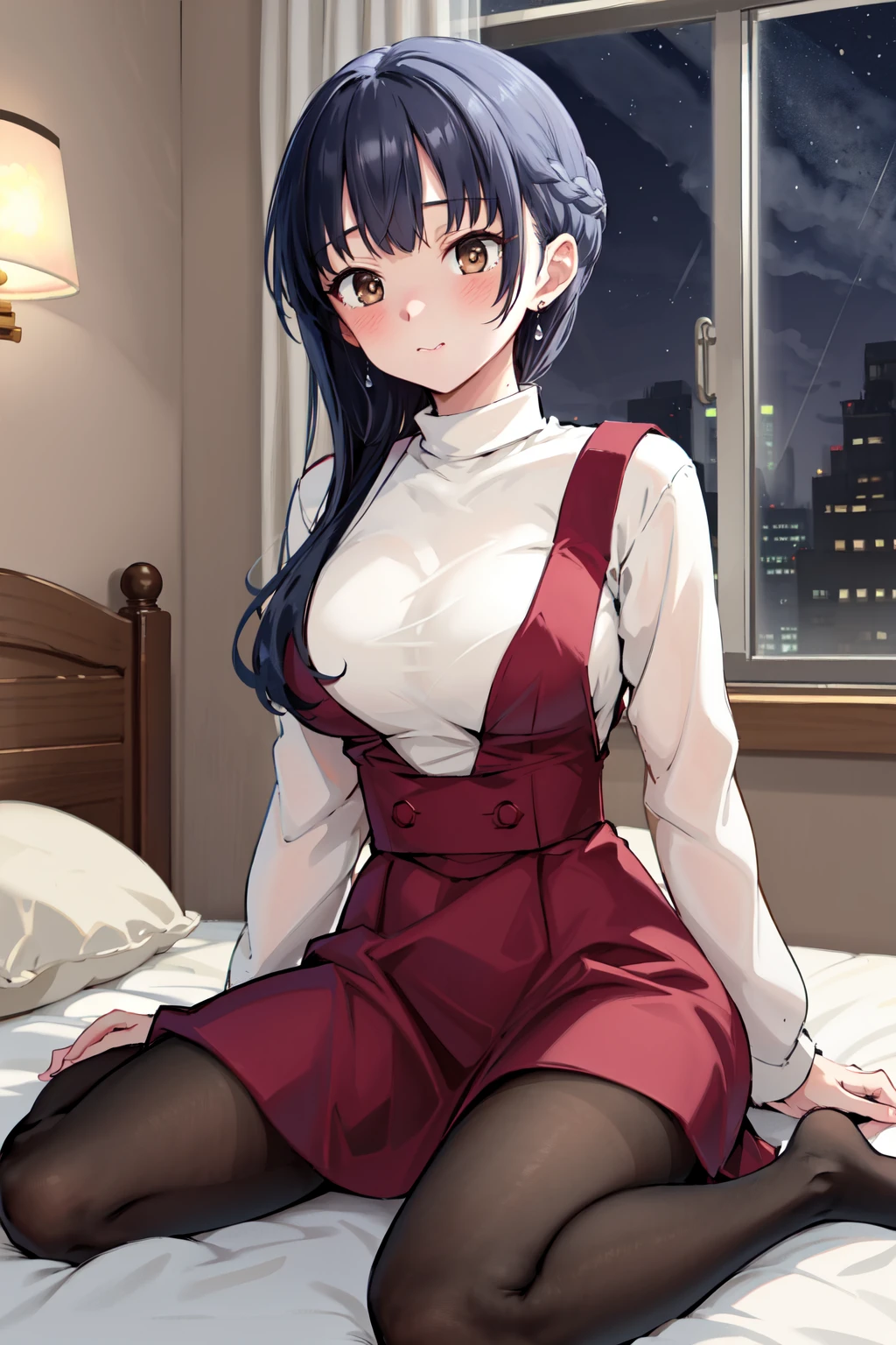masterpiece,best quality,highres,ultra-detailed,ccanna,long hair,braid,bangs,earrings,large breasts,red dress,white shirt,turtleneck,skirt,pantyhose,black pantyhose,<lora:yamada_anna:0.9>,indoors,bed,sitting,blush,(embarrass:1.2),night,wariza,