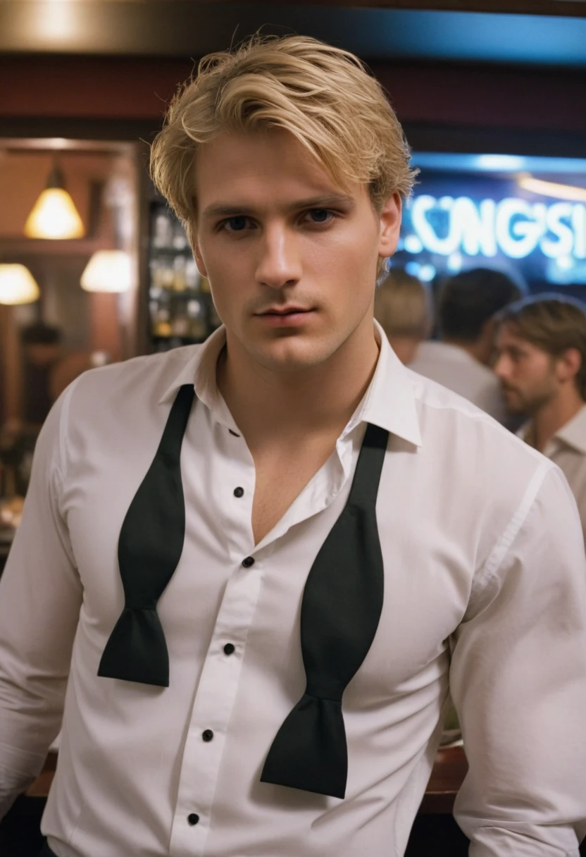 untiboti, slim white man, short messy blonde hair, medium long shot, in a bar at night, looking at viewer, unbuttoned shirt, split loose black tie,