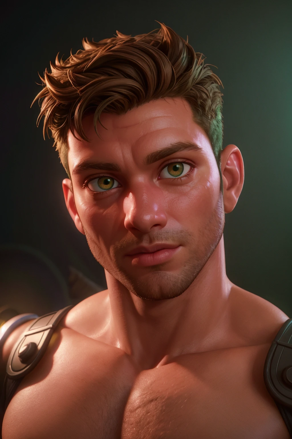 portrait of a man, 40 y.o, ((face close-up)), brown hair, green-brown eyes, stubble, short undercut hair, muscular, shirtless, (from side:0.6), best quality, masterpiece, highly detailed, realistic, (detailed background), depth of field, soft focus, intricate details, 8k, cartoon, 3d, sharp focus, soft lighting, vibrant colors, cinematic photography, volumetric lighting, film grain, hard shadows, chiaroscuro, filmic, subsurface scattering