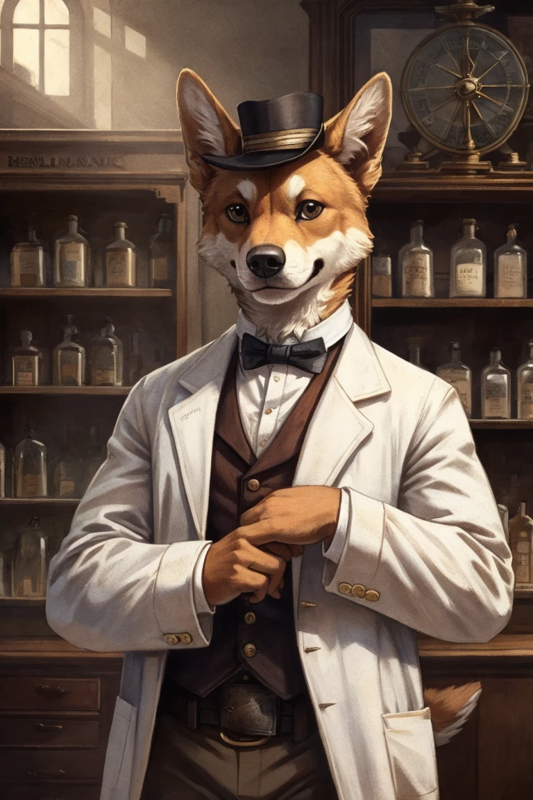 1boy, solo, close-up portrait, dog wearing lab coat in a 19th century pharmacy shop interior, steampunk art, global illumination, pose, smile, high detailed, cinematic, complex background