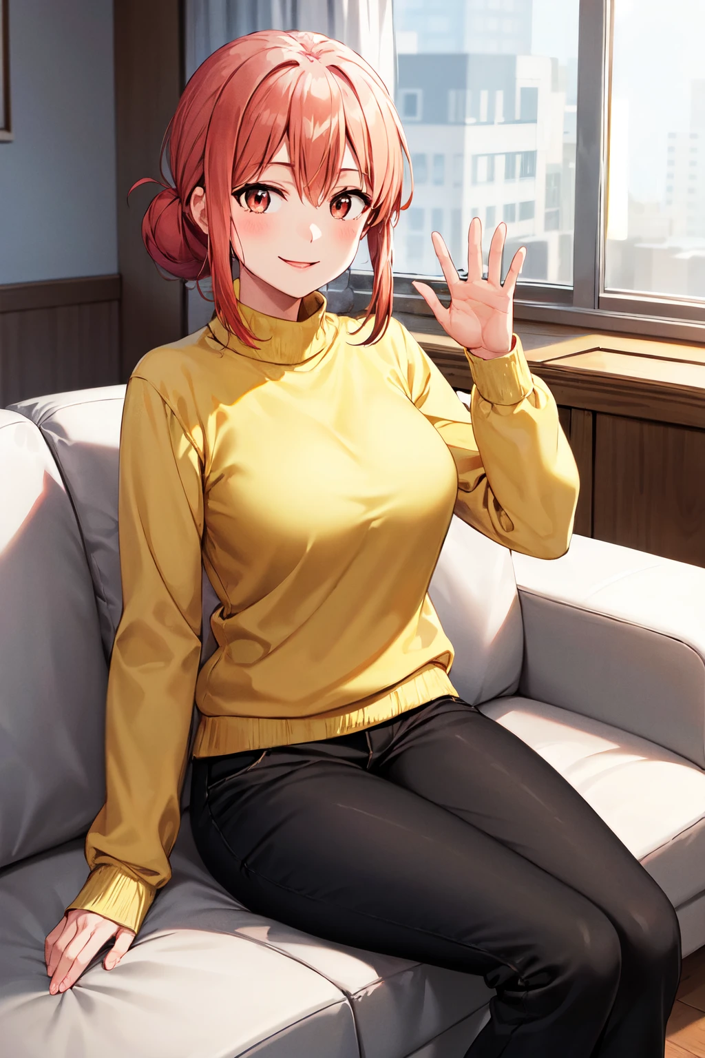 masterpiece, best quality, highres, gahamama, single hair bun, breasts, turtleneck, yellow sweater, long sleeves, black pants, <lora:gahamama_v1:0.7>, waving, smile, indoors, sitting, sofa, living room