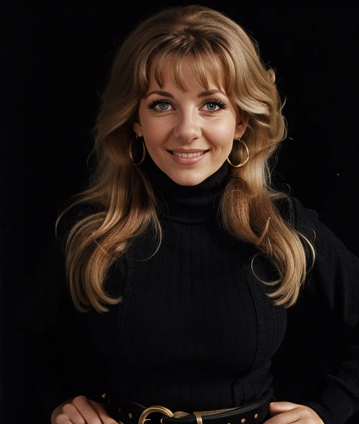 1ngr1p33, ((Black background)), high definition, smile, intricate, close portrait photo, big breast, Shirt Dress with Belt, Turtleneck