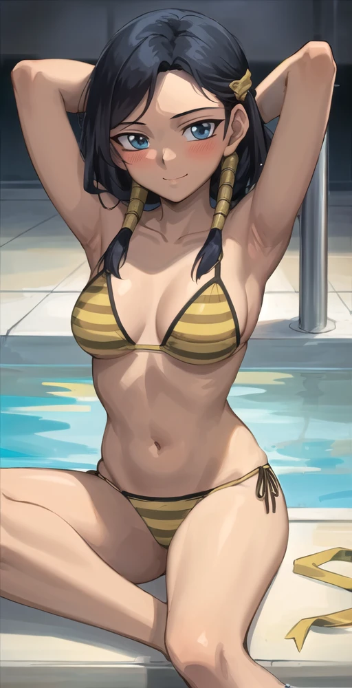 II, 1girl, solo, portrait, smile, blush, hair tubes, (ribbon bikini), pool, sitting on edge, feet in water, arm behind head, perfect quality, good quality, masterpiece, HDR, UHD <lora:Ishizu Ishtar-000003:0.7>