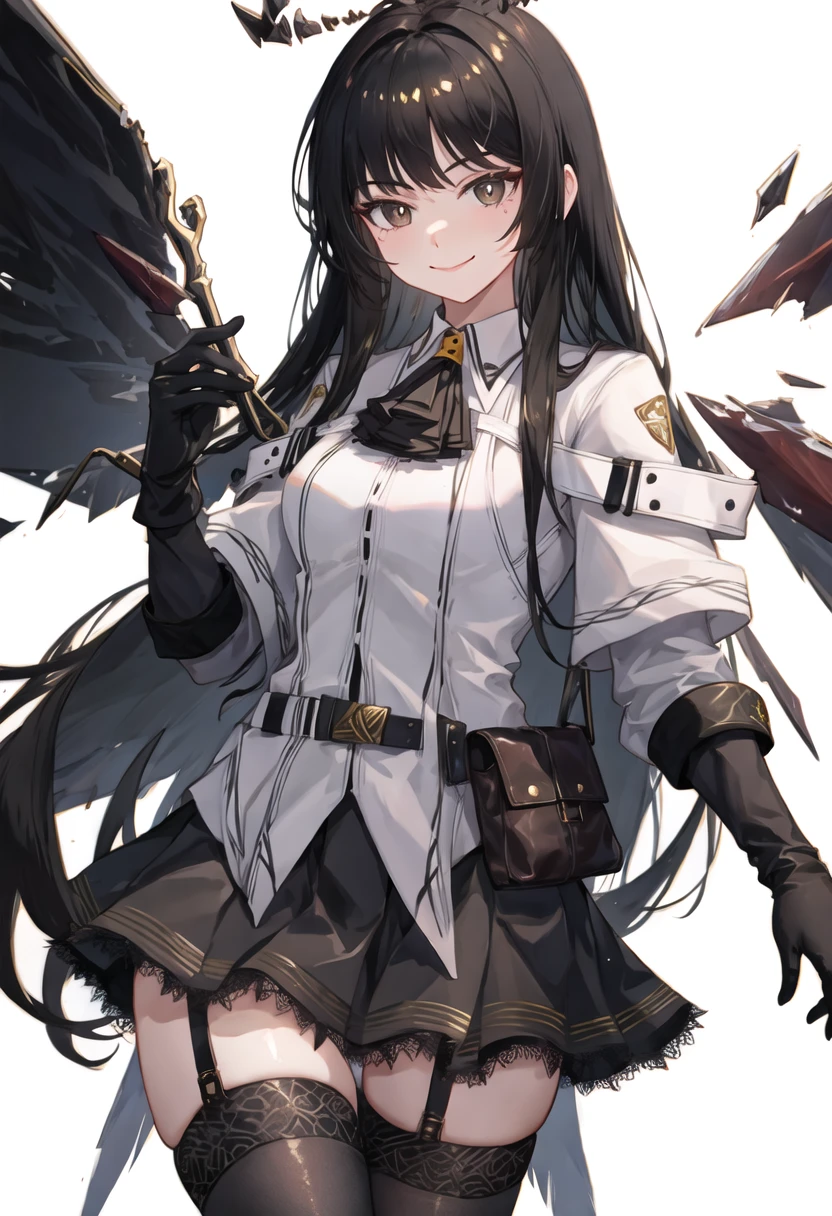 best quality, masterpiece, highres, solo, {virtuosa_arknights:0.90}, 1girl, black_ascot, black_gloves, black_skirt, detached_wings, looking_at_viewer, smile, white_shirt, closed_mouth, collared_shirt, cowboy_shot, energy_wings, long_sleeves, black_thighhighs, brown_eyes, pouch, belt, garter_straps, holding, simple_background, white_background