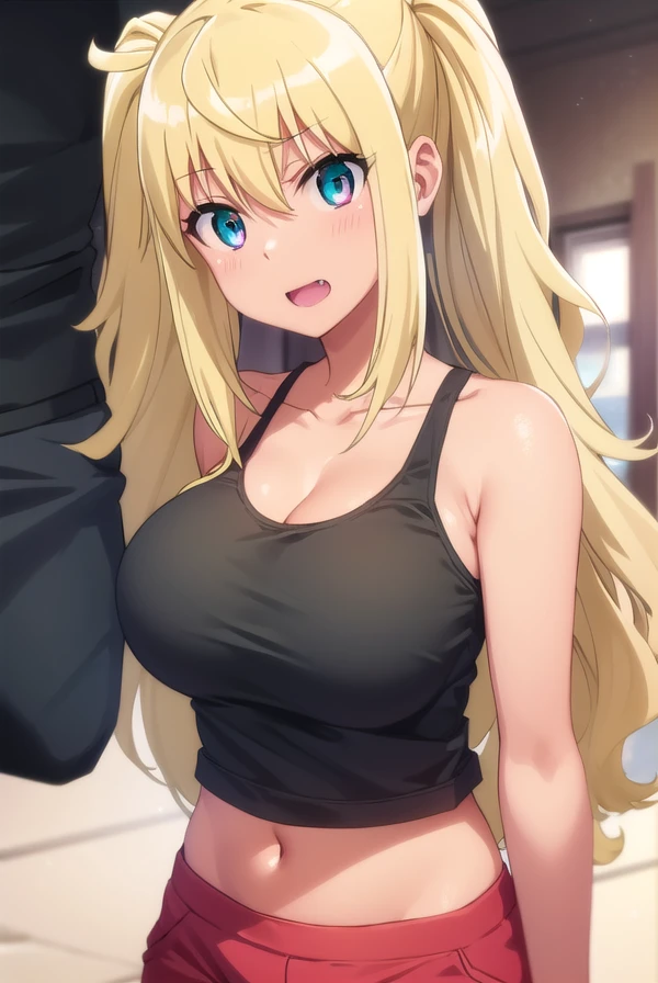 hibikisakura, <lora:hibiki sakura s1-lora-nochekaiser:1>,
hibiki sakura, long hair, blonde hair, hair between eyes, twintails, (green eyes:1.3), fang, dark skin, dark-skinned female, gyaru, smile, open mouth,
BREAK shirt, cleavage, bare shoulders, collarbone, shorts, black shirt, short shorts, tank top, red shorts, black tank top,
BREAK indoors, gym,
BREAK looking at viewer,
BREAK <lyco:GoodHands-beta2:1>, (masterpiece:1.2), best quality, high resolution, unity 8k wallpaper, (illustration:0.8), (beautiful detailed eyes:1.6), extremely detailed face, perfect lighting, extremely detailed CG, (perfect hands, perfect anatomy),