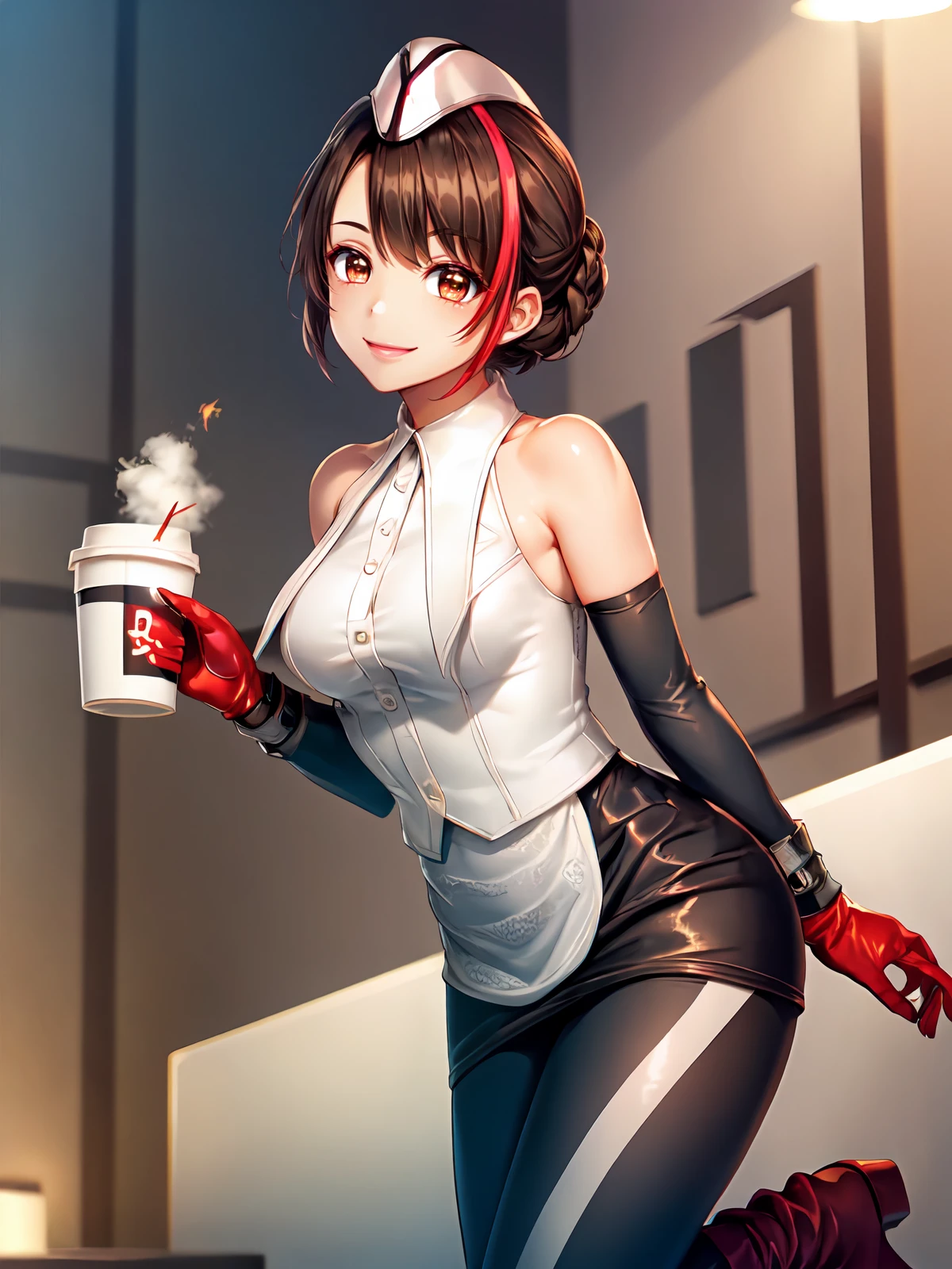 (extremely detailed CG), (best quality), perfect face, shiny skin, lustrous skin, 1girl,solo narrow waist, wide hips, <lora:NaomiDeno-10:0.8>neomideno,black eyes , gloves, hat, black hair, multicolored hair, elbow gloves, boots, garrison cap, bare shoulders, short hair, breasts, brown hair, skirt, red gloves, pantyhose, streaked hair, sleeveless, holding a cup, cup of coffee, smile