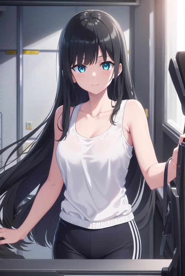 akemisouryuuin, <lora:akemi souryuuin s1-lora-nochekaiser:1>,
akemi souryuuin, long hair, bangs, black hair, very long hair, blunt bangs, aqua eyes, hime cut, smile,
BREAK shorts, tank top, bike shorts, collarbone,
BREAK indoors, gym,
BREAK looking at viewer,
BREAK <lyco:GoodHands-beta2:1>, (masterpiece:1.2), best quality, high resolution, unity 8k wallpaper, (illustration:0.8), (beautiful detailed eyes:1.6), extremely detailed face, perfect lighting, extremely detailed CG, (perfect hands, perfect anatomy),