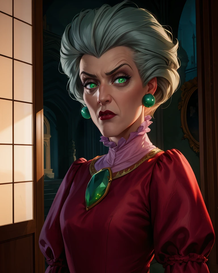tremaine,green eyes,grey hair,large hair,
red dress,green gem,small earrings,
standing,upper body,serious,looking at viewer,glowing eyes,
castle,indoors,dim lighting,
(insanely detailed, masterpiece, beautiful face, best quality),solo,<lora:ladytremaine:0.8>,