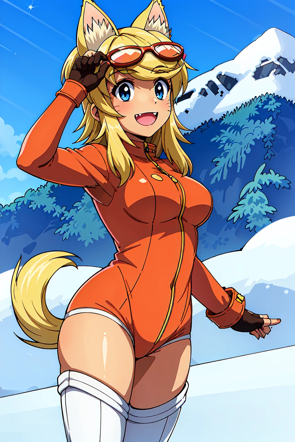 masterpiece, best quality, 1girl, liru, standing, smile, fangs, thick jacket, pink ski suit, goggles on head, snowy, mountains, cloudy