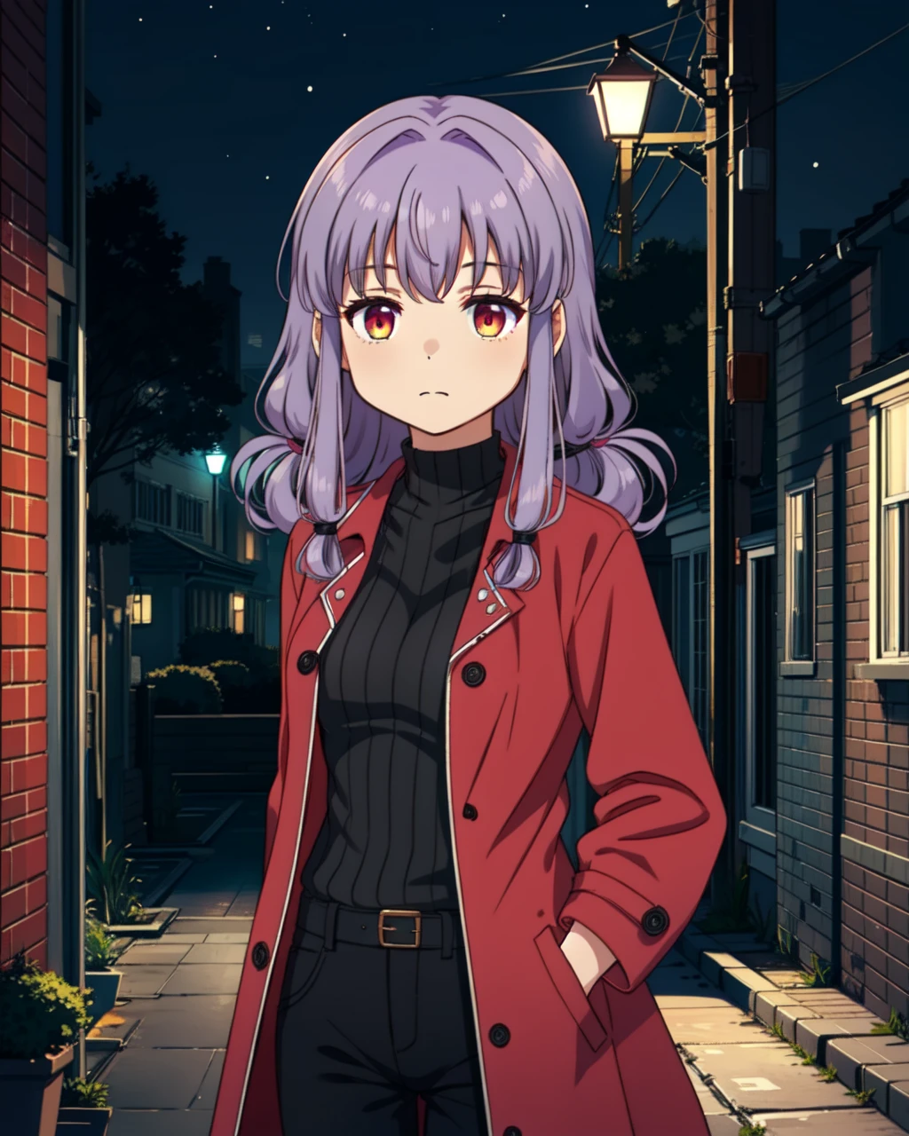 masterpiece, high quality, mgrcinamimitsuru, 1girl, medium shot, upper body, purple hair, pink eyes, (blue trenchcoat, black pants), outdoors, city, alley, night, <lora:mgrcinamimitsuru-000016:0.6>