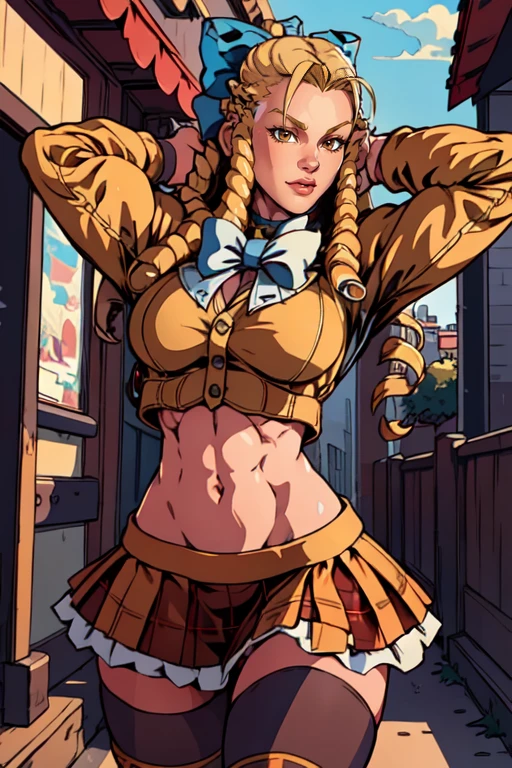 masterpiece,best quality,extreme detail,8k,<lora:karin:0.8>,cowboy_shot,upper body,karinsf5,long hair,breasts,skirt,blonde hair,thighhighs,bow,1girls,school uniform,jacket,hair bow,alternate costume,midriff,crop top,plaid,plaid skirt,drill hair,ringlets,brown eyes, muscular