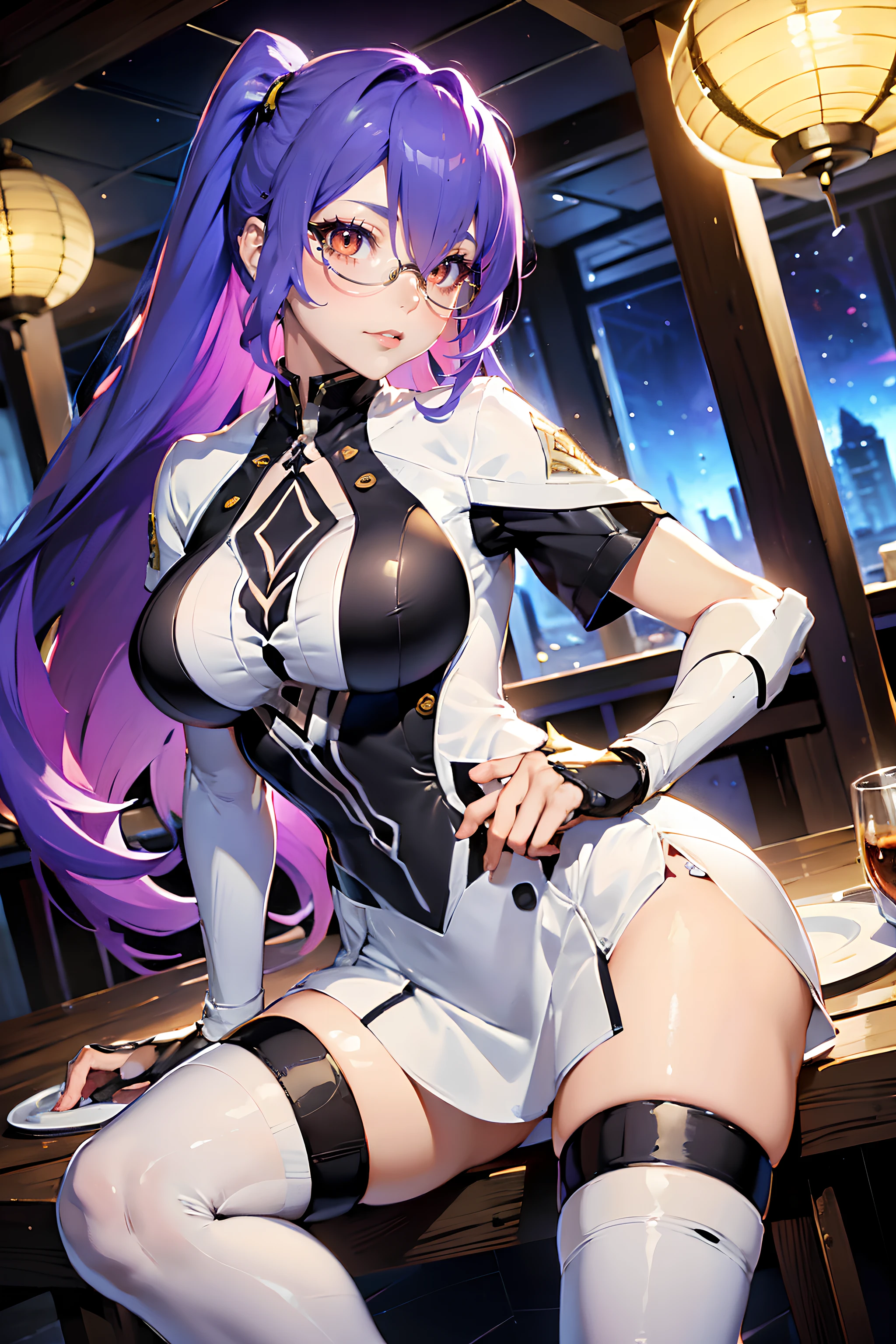 <lora:Veres_Interstellar_council2:0.8>, Veres_Interstellar_council, 1girl, solo, long hair, breasts, large breasts, thighhighs, white thighhighs, yellow eyes, lips, makeup, lipstick, ((glasses)), purple hair, hair over one eye, boots, thigh boots, shoes, high heels, science fiction, star (sky), space, interstellar, indoors, cup, chair, table, scenery, plate, tiles, tile floor, sink, restaurant, ceiling light, night, lantern, wooden floor, potted plant, lamp, architecture, east asian architecture, fish, goldfish