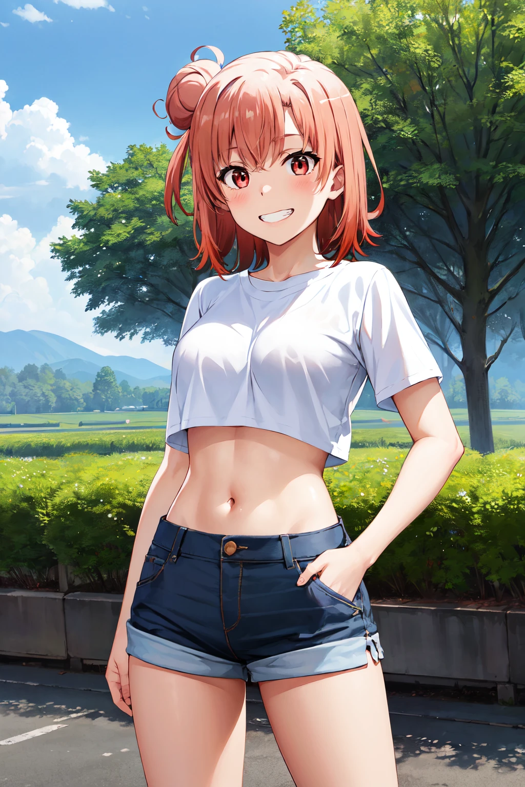 masterpiece, best quality, highres, aayui, short hair, single hair bun, red eyes, breasts, <lora:yuigahama_yui_v1:0.7>, crop top, white shirt, stomach, short shorts, hands in pockets, grin,