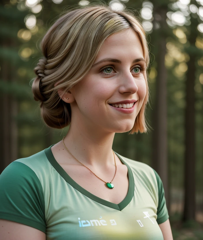 <c3n4d3>, photo of seductive a beautiful woman, perfect hair upsweep updo, (modern photo), (Pine Green compression shirt), ((gradient Pine Green background:1.1)), closeup portrait, 85mm, (analog, cinematic, film grain:1.3), smiling, detailed eyes, painted lips, necklace, (epicPhoto), (looking at viewer), (cinematic shot:1.3)