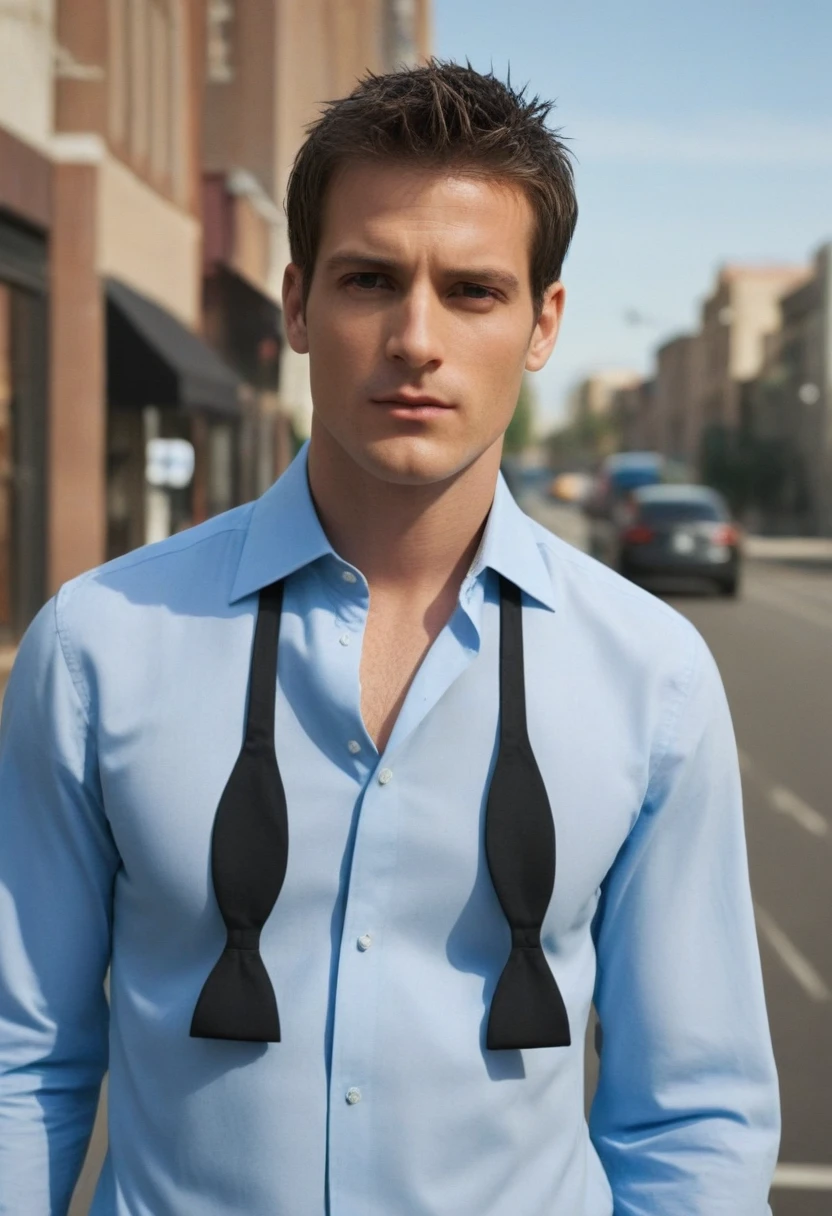 untiboti, skinny handsome white man, medium long shot, on sunny city street, looking at viewer, unbuttoned blue shirt, split loose black tie, 