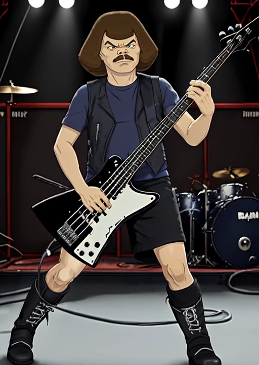dethklok, murderface, full body, blue shirt, black vest, black shorts, boots, on stage, holding a bass guitar <lora:Dethklok_Metalocalypse-000012:0.8>