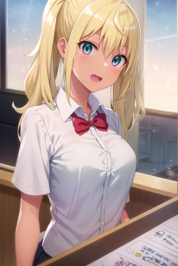hibikisakura, <lora:hibiki sakura s1-lora-nochekaiser:1>,
hibiki sakura, long hair, blonde hair, hair between eyes, twintails, (green eyes:1.3), fang, dark skin, dark-skinned female, gyaru, smile, open mouth,
BREAK skirt, shirt, bow, school uniform, white shirt, short sleeves, collared shirt, bowtie, red bow, red bowtie,
BREAK indoors, classroom,
BREAK looking at viewer,
BREAK <lyco:GoodHands-beta2:1>, (masterpiece:1.2), best quality, high resolution, unity 8k wallpaper, (illustration:0.8), (beautiful detailed eyes:1.6), extremely detailed face, perfect lighting, extremely detailed CG, (perfect hands, perfect anatomy),