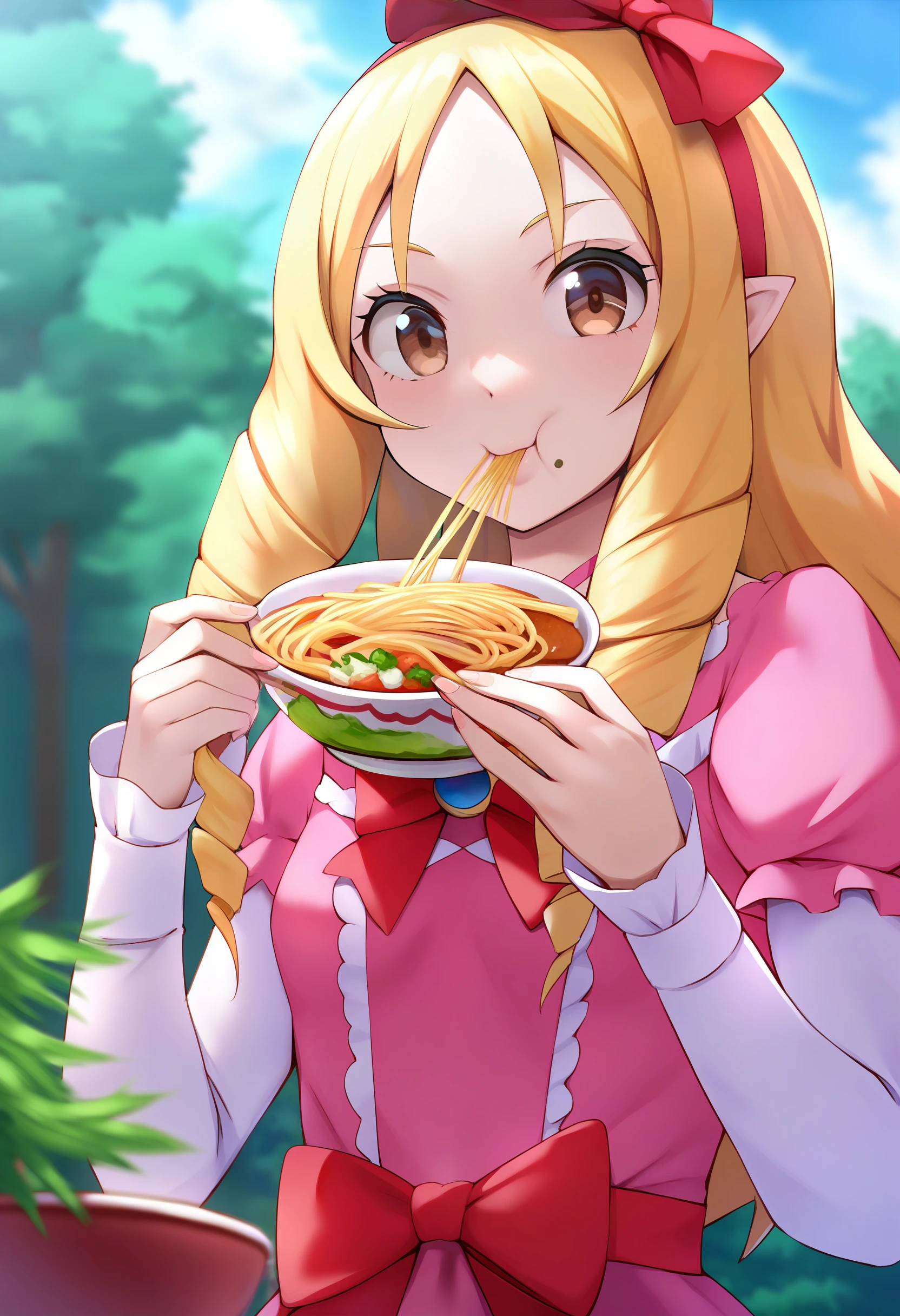 score_9, yamada elf, 1girl, solo, looking at the viewer, blonde hair, long hair, drill hair, brown eyes, pointy ears, small breasts, red hairbow, hairband, pink dress, bow, upper body, long sleeves, outdoors, eating, holding_food <lora:Yamada_Elf-XL-pony:0.8>
