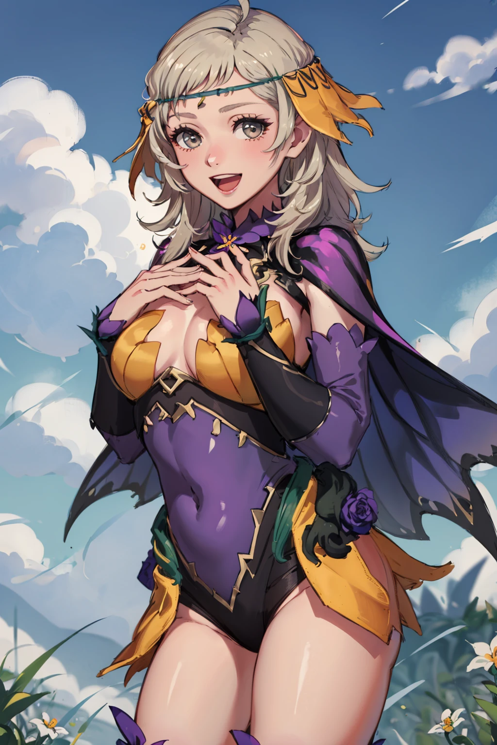masterpiece, sky, cloud, grass, 1girl, solo, cowboy shot, looking at viewer, smile, open mouth, hands together, <lora:OpheliaFEH-bsinky-v1:0.9> resOphelia, hair ornament, thighhighs, flower, ahoge, wings, cape, covered navel, circlet, thorns, (bodystocking:1.1)