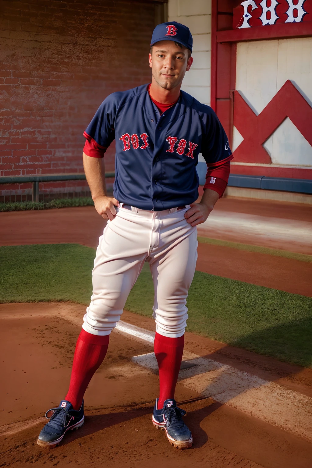 Fenway Park baseball field, TrevorKnight is a baseballplayer, slight smile, (Boston Red Sox baseball uniform:1.3), (dark blue cap), dark blue jersey, red lettering with white outline, white pants, (dark blue socks), long socks, (black sneakers), looking at viewer, masterpiece, ((full body portrait)), wide angle <lora:Clothing - Sexy Baseball Player:0.6> <lora:TrevorKnight:0.8>