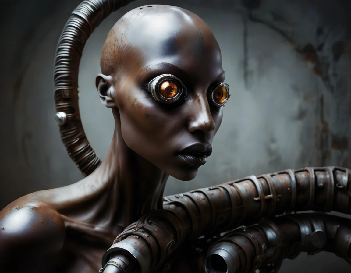 portrait of a black lotech woman with eye implants, dynamic pose, rusty pipes