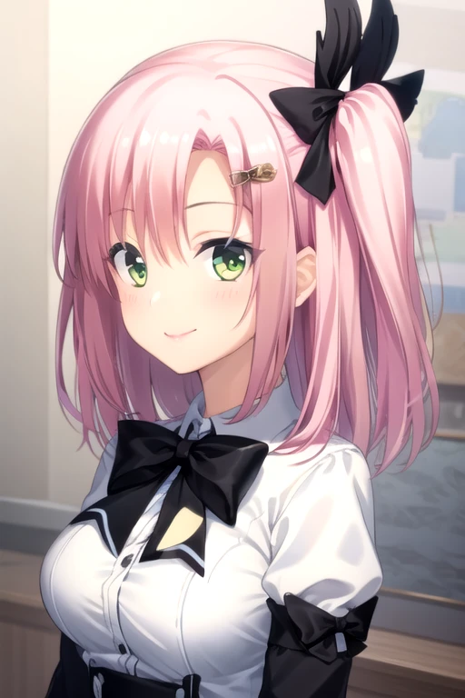 ((masterpiece)),(best quality),official art,extremely detailed CG,unity 8k wallpaper,ultra detailed,beautiful detailed eyes,extremely detailed face,1girl,solo,upper body,(portrait:1.5),looking at viewer,facing viewer,smile,long hair,pink hair,green eyes,hair bow,yellow bow,hair one side up,hair ornament,hairclip,sidelocks,hair between eyes,school uniform,long sleeves,white shirt,puffy detached sleeves,black bow,black ribbon,large breasts,white skirt,frilled skirt,kneehighs,black socks,loafers,<lora:Tsubasa Touri(pa):0.9>,